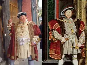 A composite image of Alan Myatt dressed as Henry VIII next to a 16th-century painting of the real Henry VIII.