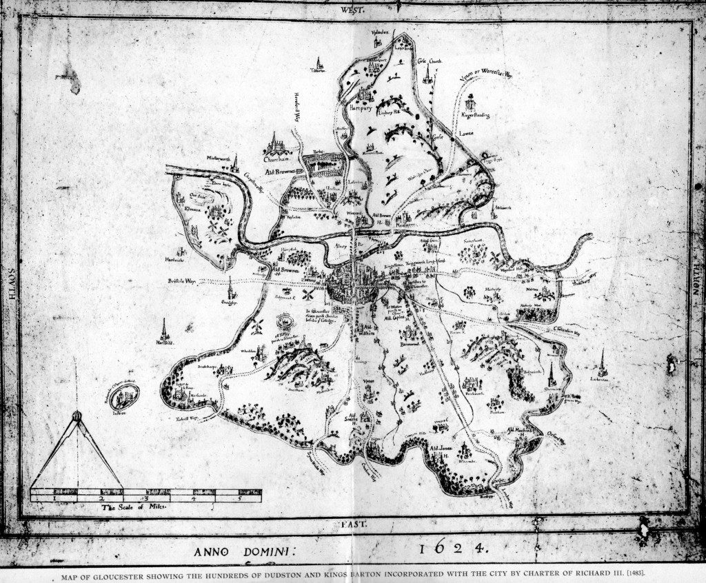 Map of Gloucester 1624, incorporating Dudston and Kings Barton